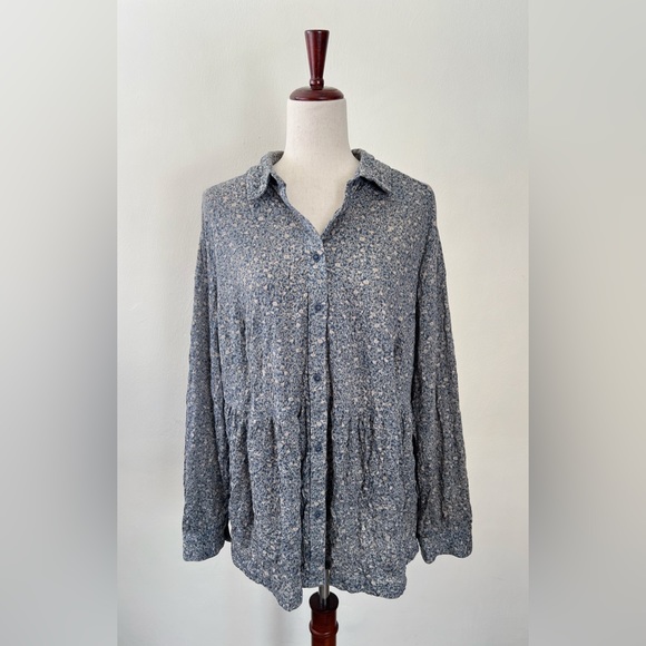 1X Frye And Co Botanical Print Collared Button Down Pleated Flowy Blouse Top - Picture 3 of 15